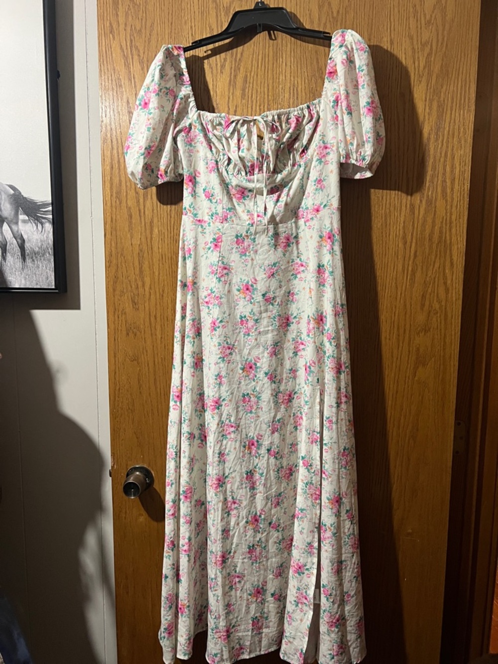 Floral Puff Sleeve Maxi Dress in Cream and Pink